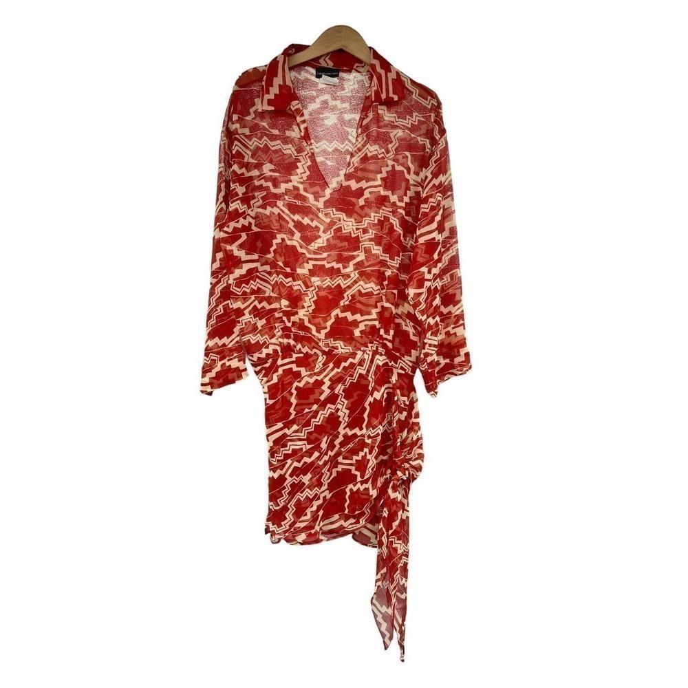 Carmen Marc Valvo Women Collared Sheer Swim Cover Up Long Sleeve Shirt Red Small